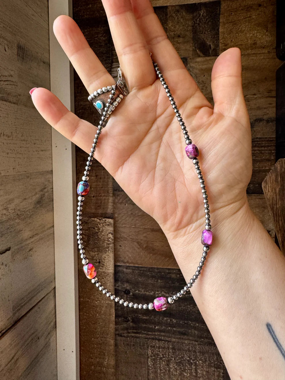 14" Mohave Turquoise and 3mm Sterling Silver Pearl Choker