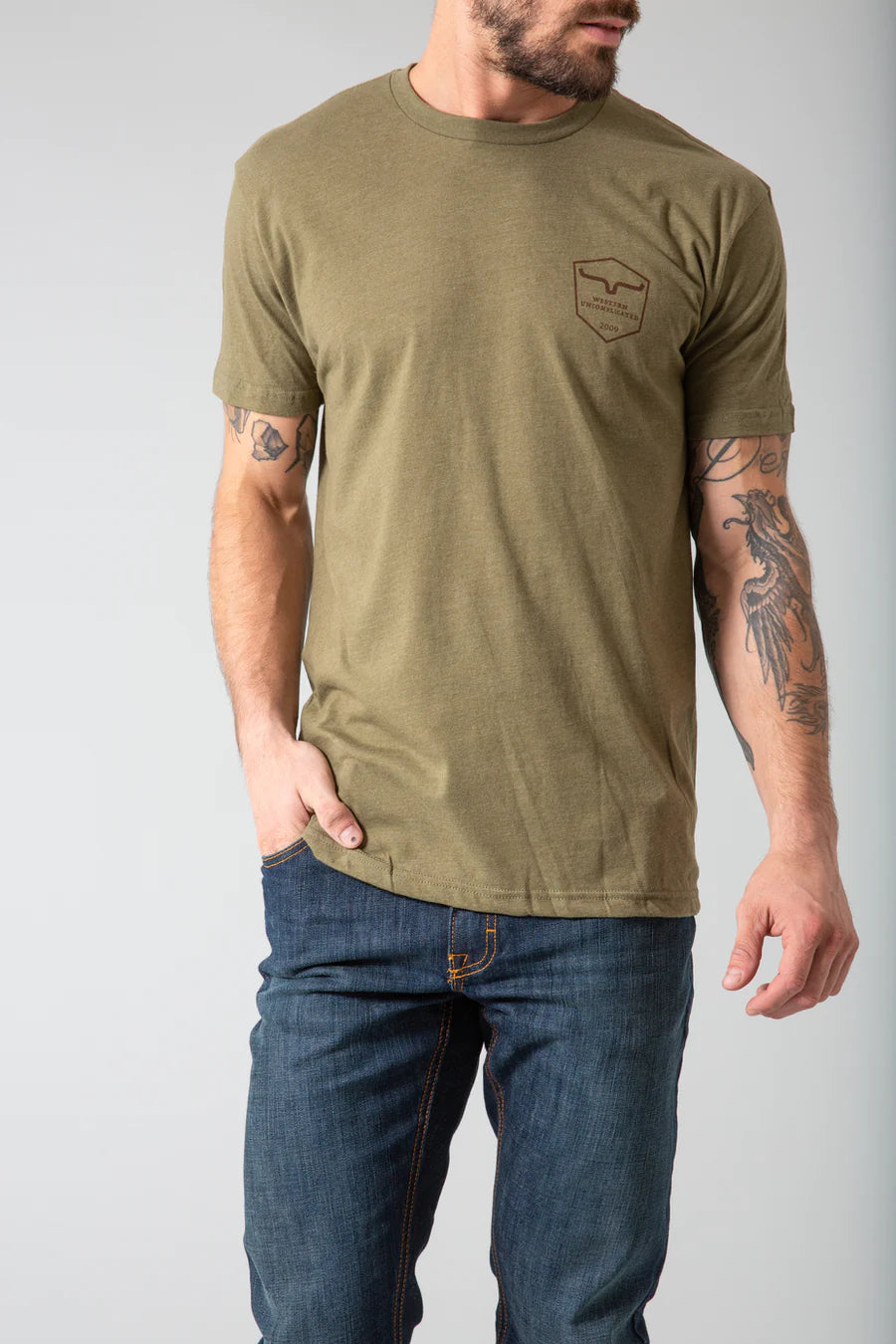 Kimes Ranch Shielded Trucker Army Green Graphic T-Shirt