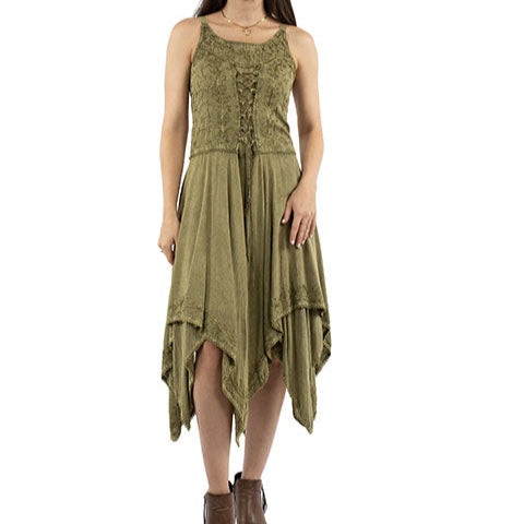 Scully Honey Creek Women's Sleeveless Lace Up Midi Dress in Olive Green