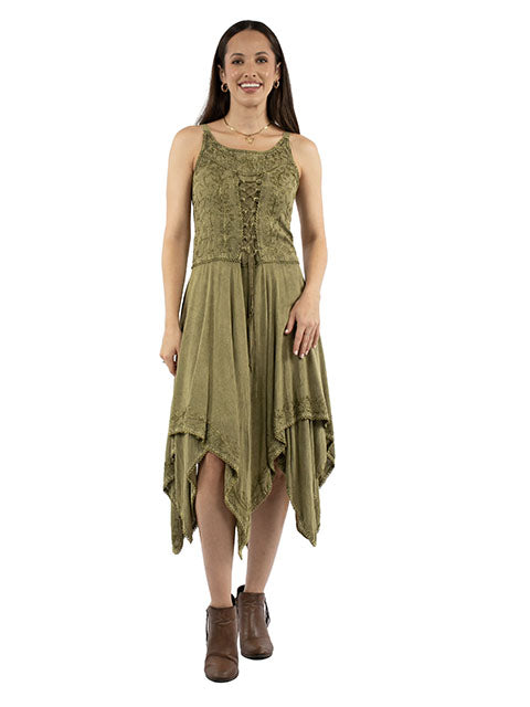 Scully Honey Creek Women's Sleeveless Lace Up Midi Dress in Olive Green