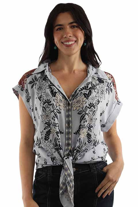 Scully Women's Short Sleeve Tie Front Blouse in Blue