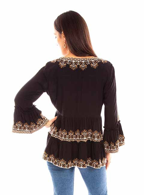 Scully Honey Creek Women's L/S Ruffled Aztec Embroidered Blouse in Black