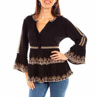 Scully Honey Creek Women's L/S Ruffled Aztec Embroidered Blouse in Black