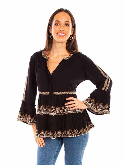 Honey Creek by Scully Women's L/S Ruffled Aztec Embroidered Blouse in Black