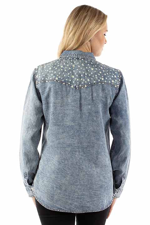 Honey Creek By Scully Women's Patriotic Western Snap Shirt in Denim Blue