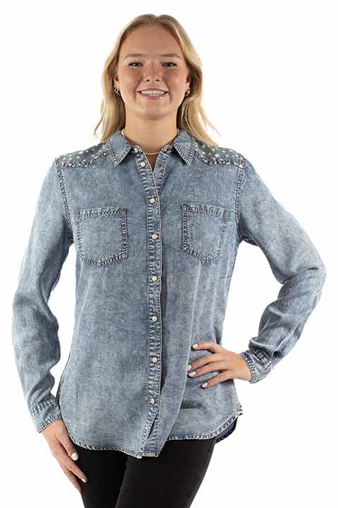 Scully Honey Creek Women's Patriotic Western Snap Shirt in Denim Blue