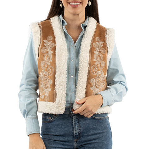 Scully Honey Creek Women's Floral Embroidered Faux Sherpa Vest in Tan