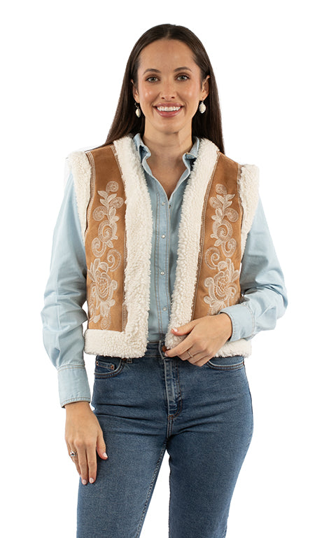 Scully Honey Creek Women's Floral Embroidered Faux Sherpa Vest in