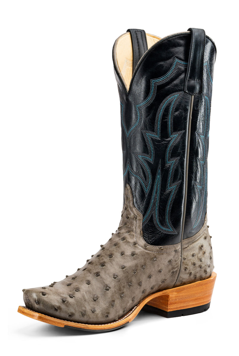 Horse Power Top Hand Men's Full Quill Ostrich Cutter Toe Boots in Serpentine Bruciato Grey