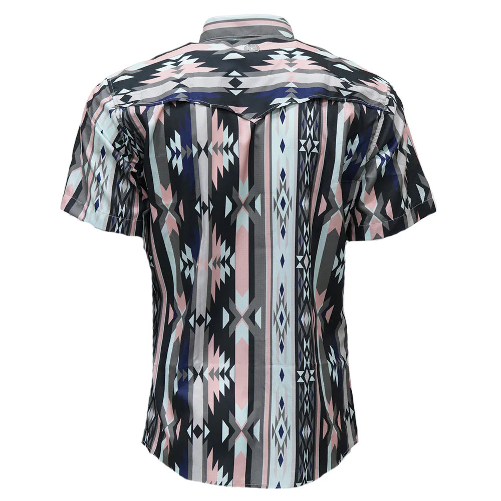 Hooey Boy's S/S Sol Pearl Snap Shirt in Teal Aztec Pattern