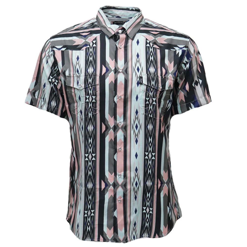 Hooey Boy's S/S Sol Pearl Snap Shirt in Teal Aztec Pattern