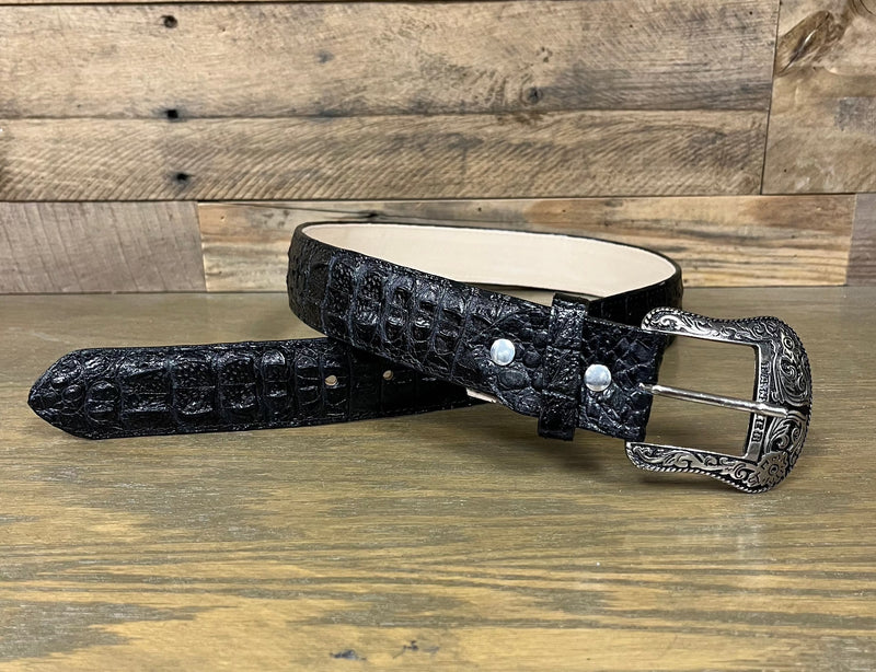 Tanner Mark Men's Hornback Alligator Print Black Leather Belt