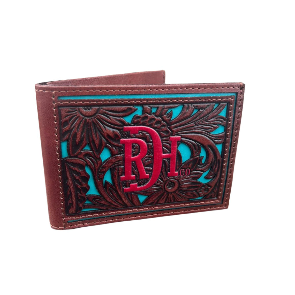 Red Dirt Hat Co. Floral Tooled With Turquoise Inlay Brown Leather Bifold Wallet