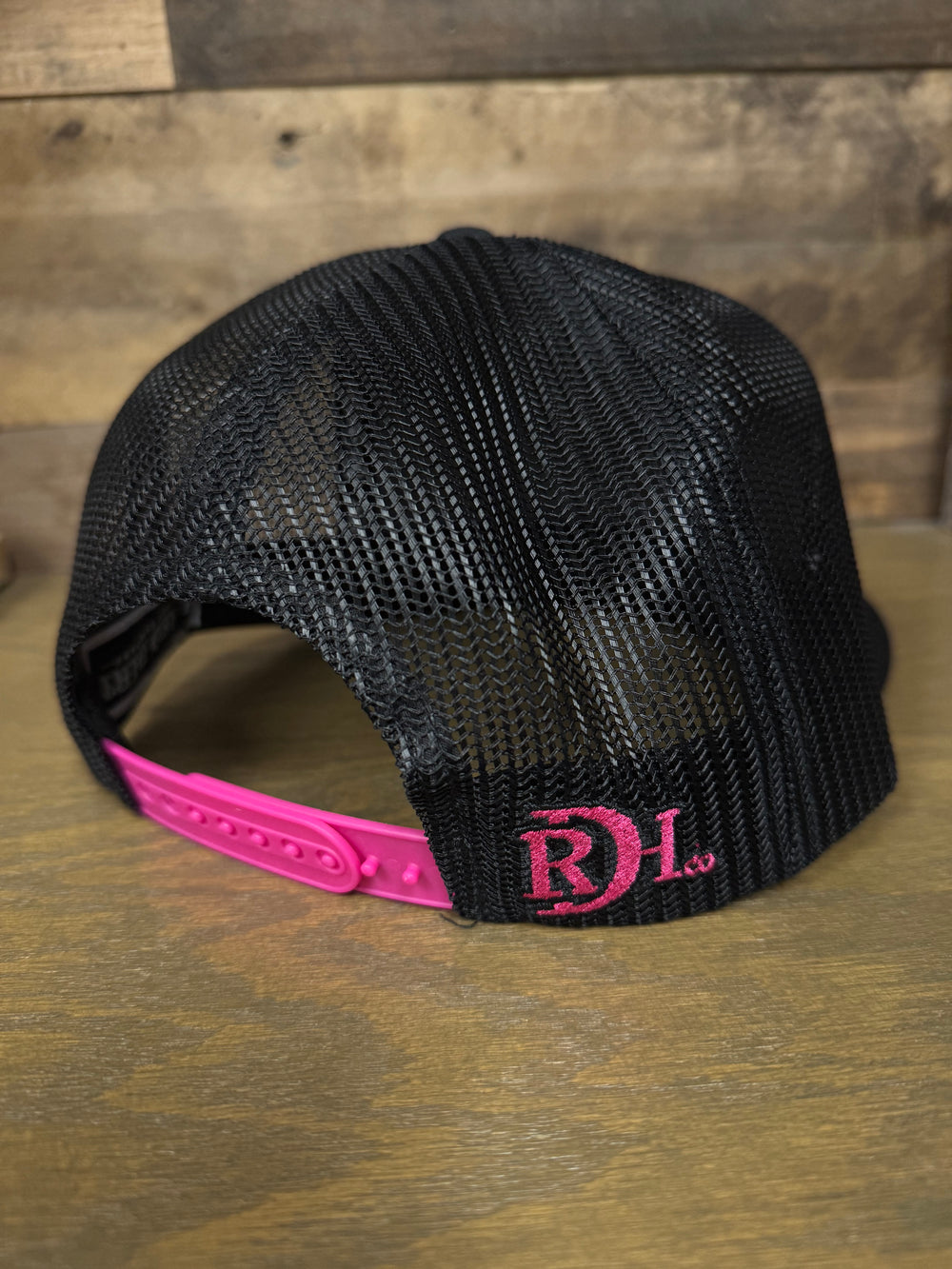 Black Mesh-Back Baseball Cap with Pink Embroidery Richardson 112 Split Hot Pink/Black Trucker Hat with Custom  main image 4