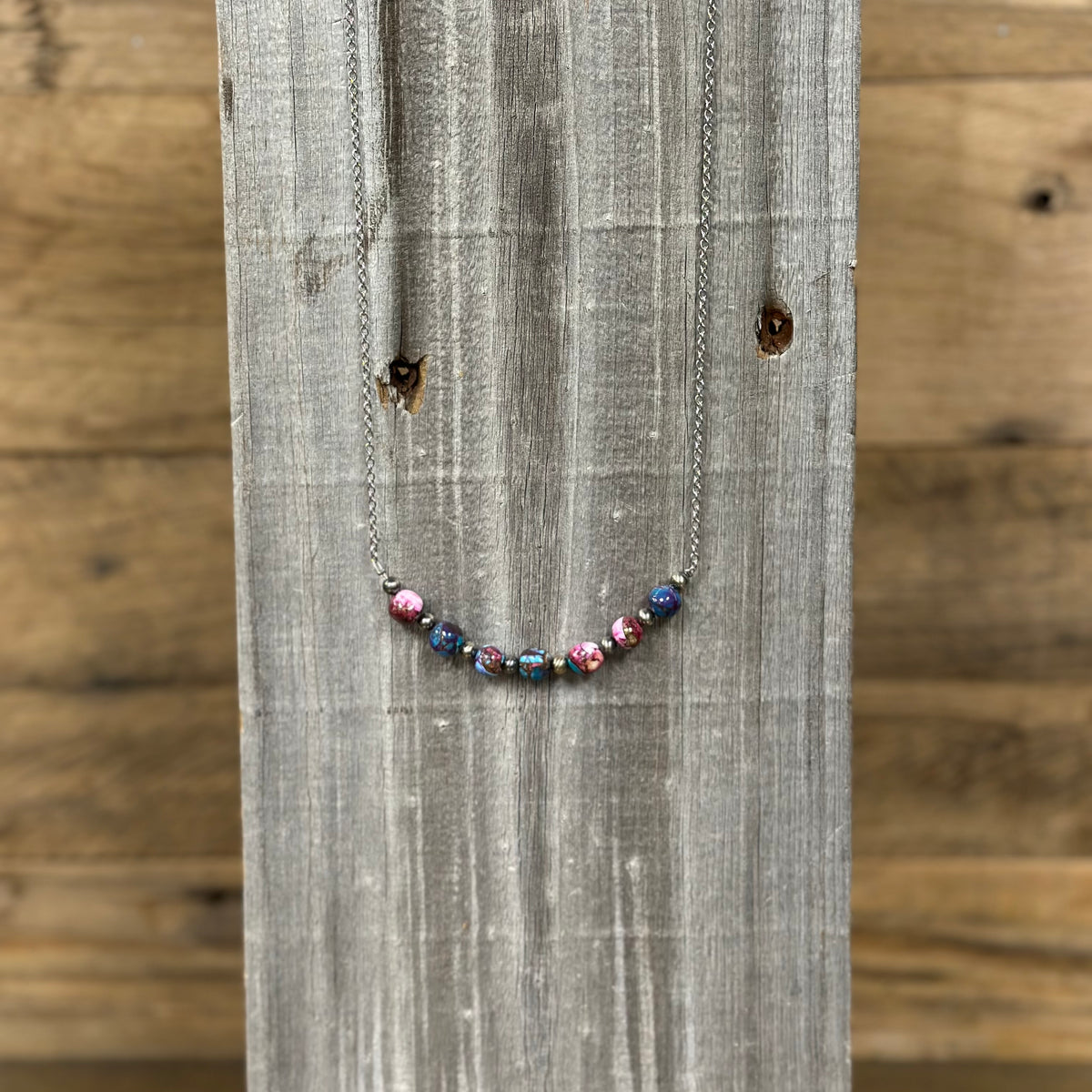 Thunder & Stone Genuine Pink Dahlia Turquoise & Silver Pearl Western Bar Necklace