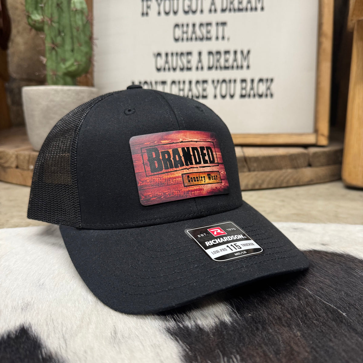 Branded Country Wear Leather Logo Patch 6 Panel Trucker Hat in Black
