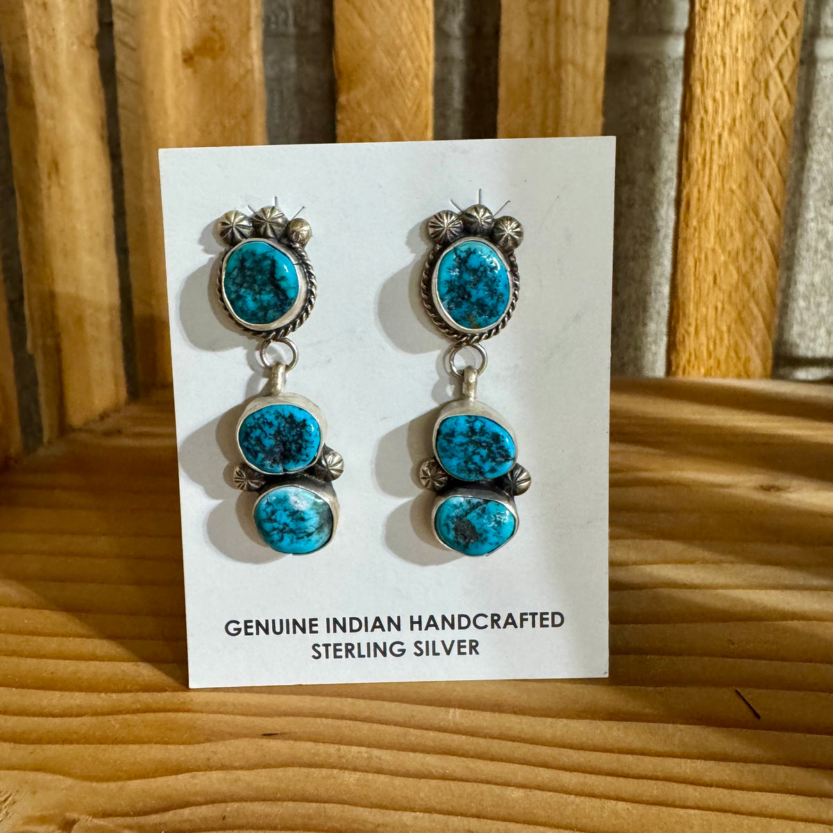 Donovan Nez Navajo Handmade Sterling Silver and Kingman Turquoise Drop Earrings