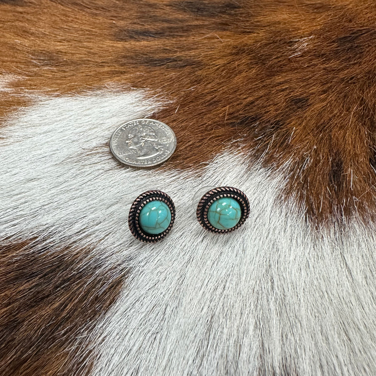 Antique Copper & Blue Turquoise Concho Stud  Earrings