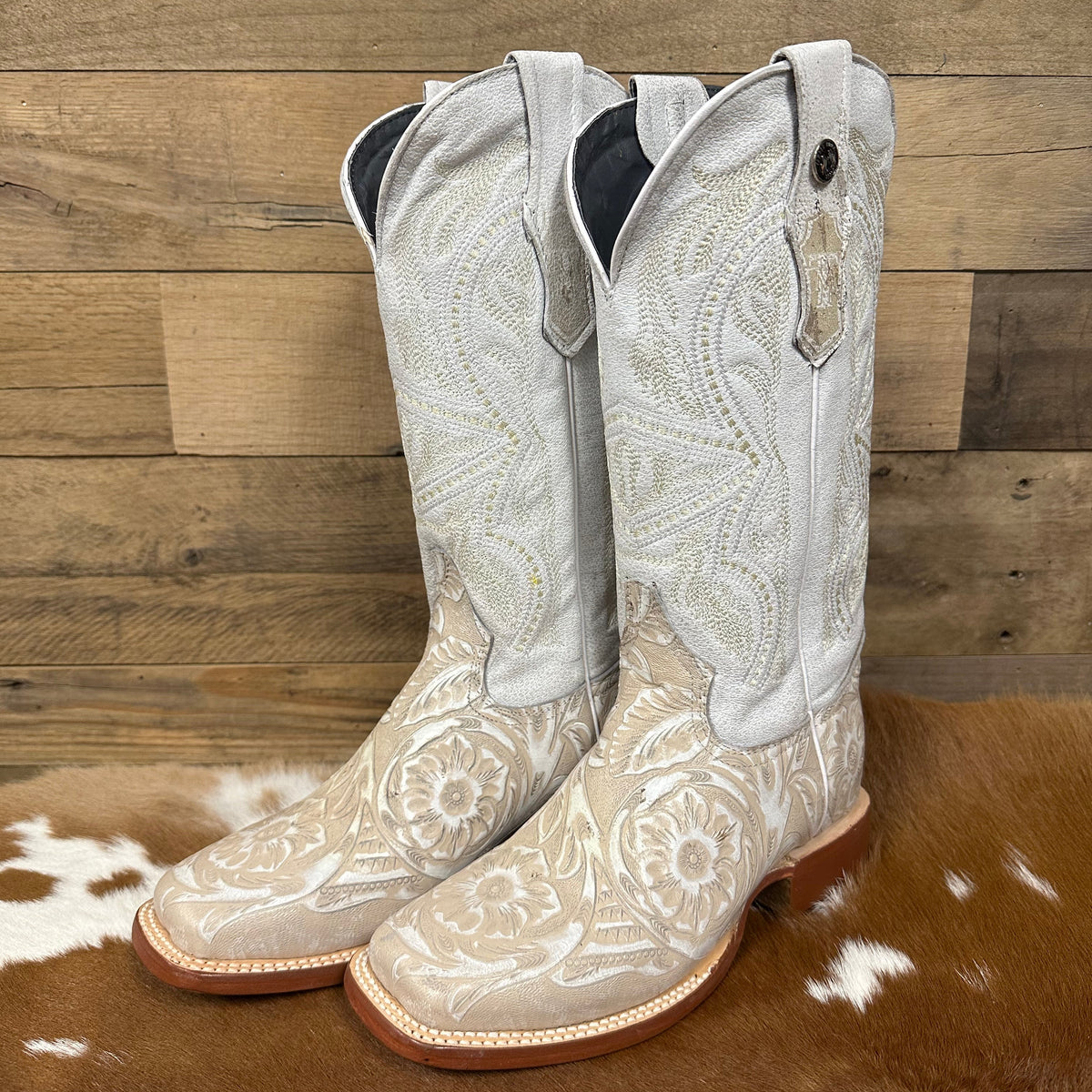 Tanner Mark Women's Hand Tooled Square Toe Leather Boots in Pearl & White