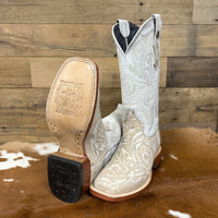 Tanner Mark Women's Hand Tooled Square Toe Leather Boots in Pearl & White