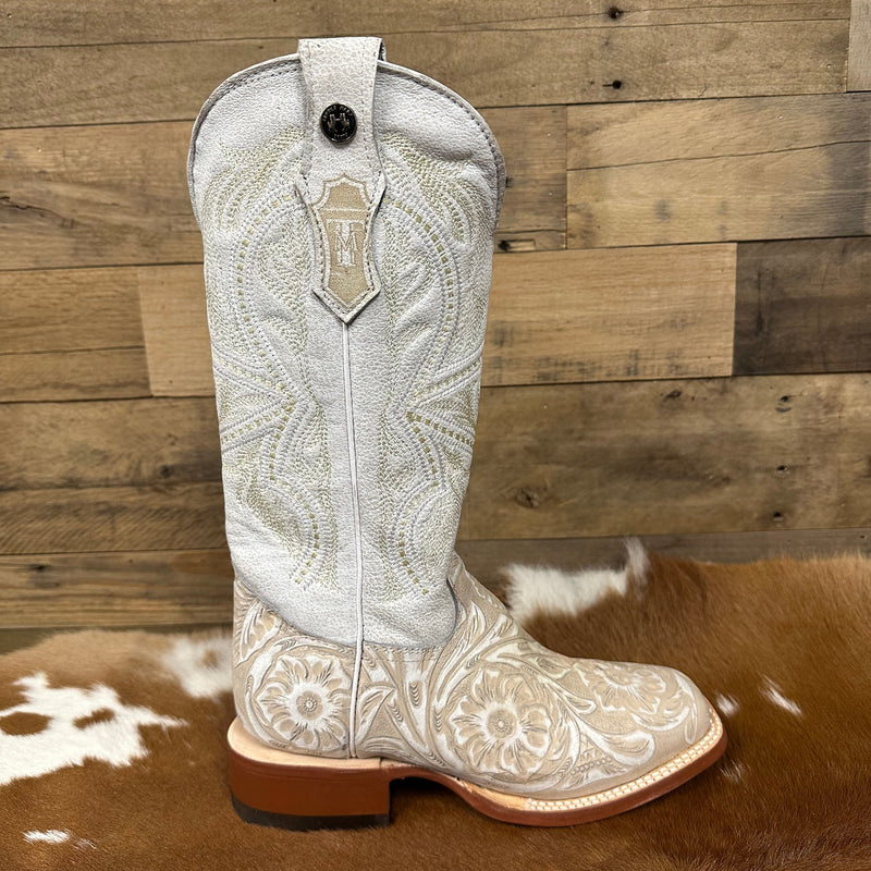 Tanner Mark Women's Hand Tooled Square Toe Leather Boots in Pearl & White