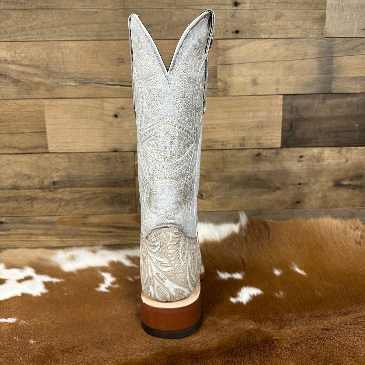 Tanner Mark Women's Hand Tooled Square Toe Leather Boots in Pearl & White