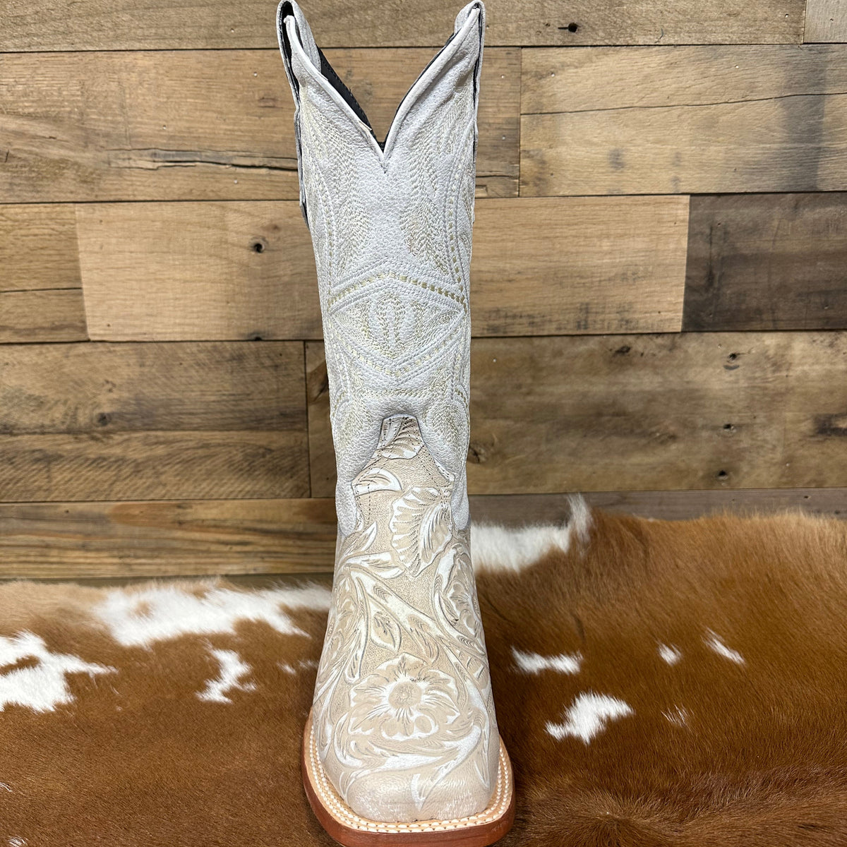 Tanner Mark Women's Hand Tooled Square Toe Leather Boots in Pearl & White