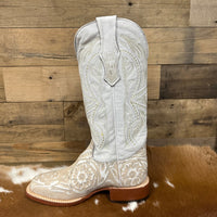 Tanner Mark Women's Hand Tooled Square Toe Leather Boots in Pearl & White