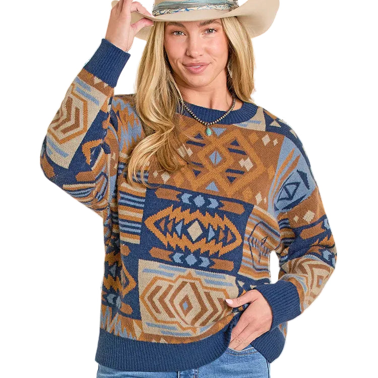 Panhandle Slim Women's Aztec Patchwork Oversized Sweater in Navy