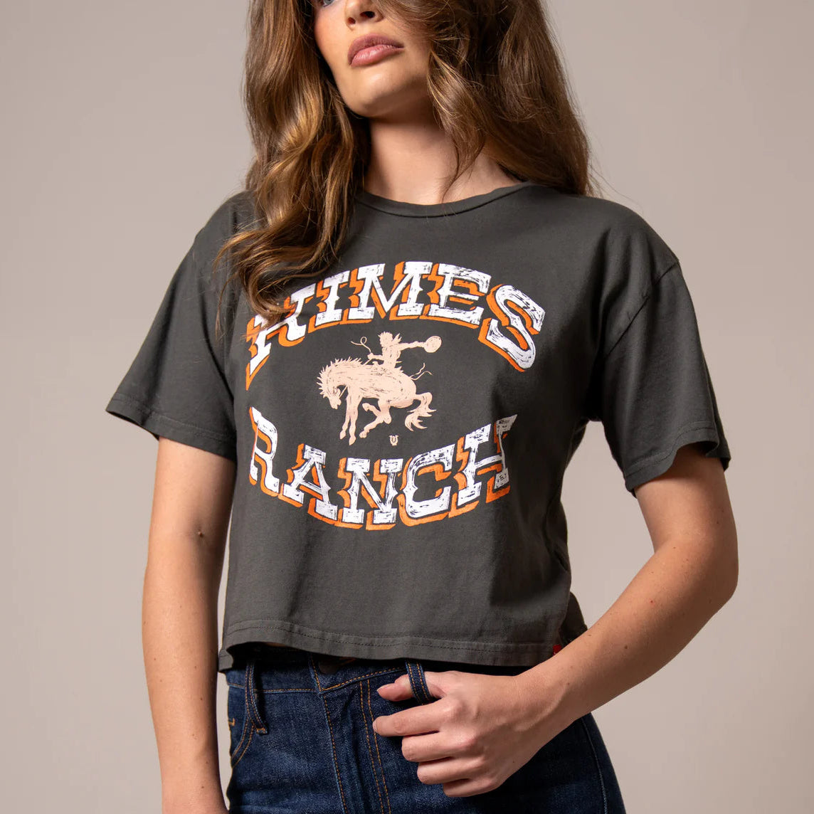 Kimes Ranch Lucky B Bucking Cropped Tee in Pepper