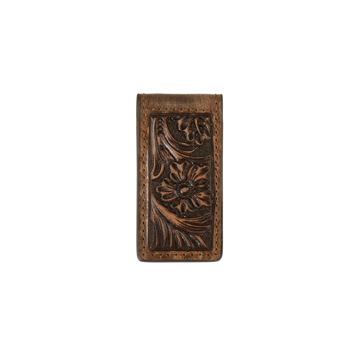 3D Men's Brown Floral Embossed Magnetic Money Clip