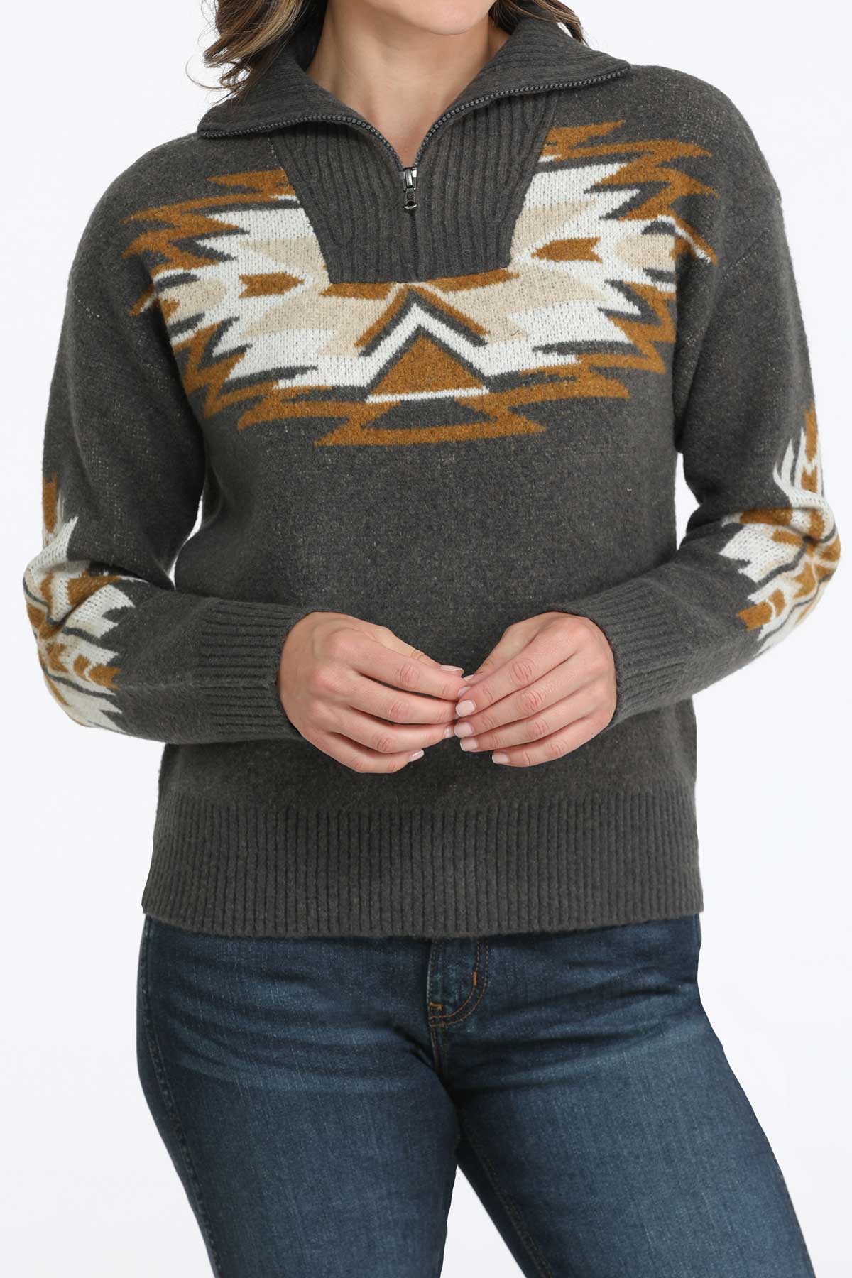 Cinch Women's Aztec Print Quarter Zip Pullover in Charcoal