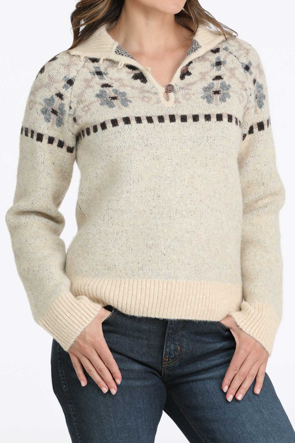 Cinch Women's Southwestern Print Quarter Button Pullover in Cream