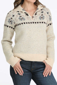 Cinch Women's Southwestern Print Quarter Button Pullover in Cream