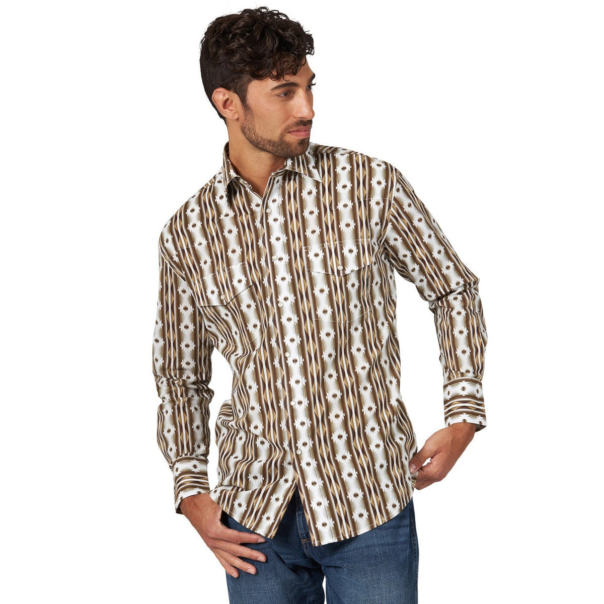 Wrangler Men's Checotah L/S Western Snap Shirt in Tan/Brown Aztec Stripe
