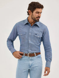 Wrangler Men's Cowboy Cut L/S Western Snap Work Shirt in Chambray Blue