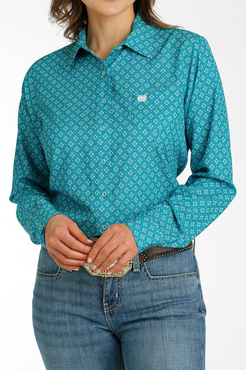 Cinch Women's Teal Geometric Diamond ArenaFlex Western Button Down Shirt