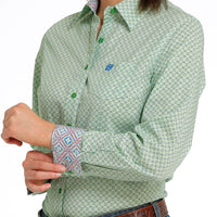 Cinch Women's Green & Navy Geometric Print Western Button Down Shirt