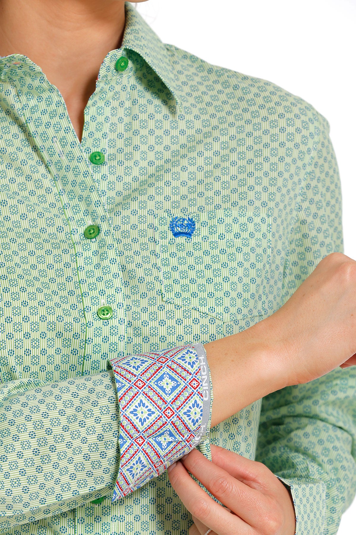 Cinch Women's Green & Navy Geometric Print Western Button Down Shirt
