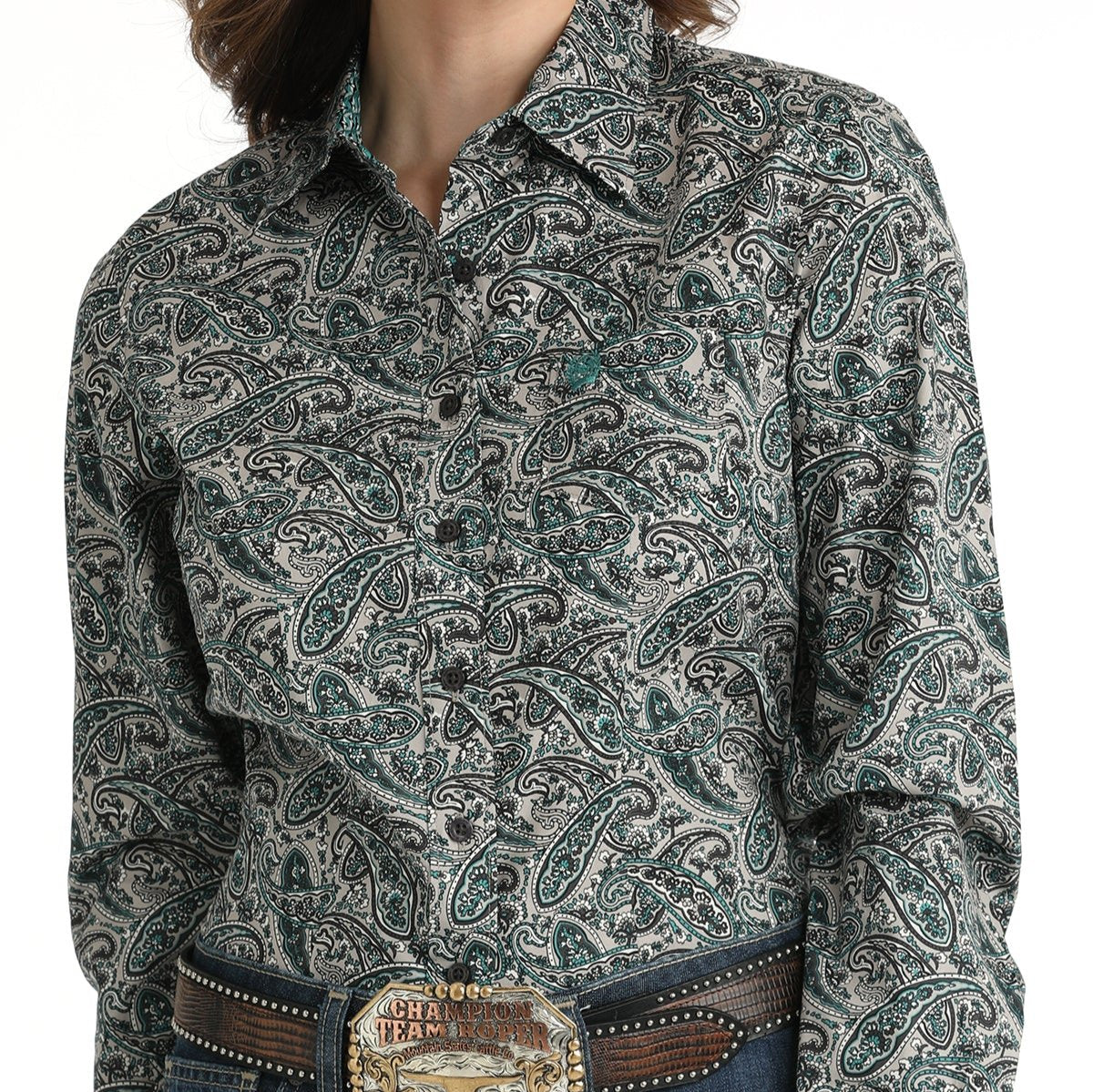 トップス TECH BUTTON DOWN L/S SHIRT PAISLEY Cinch Women's L/S Grey & Teal Paisley Western Button Down