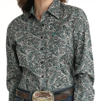 Cinch Women's L/S Grey & Teal Paisley Western Button Down Shirt