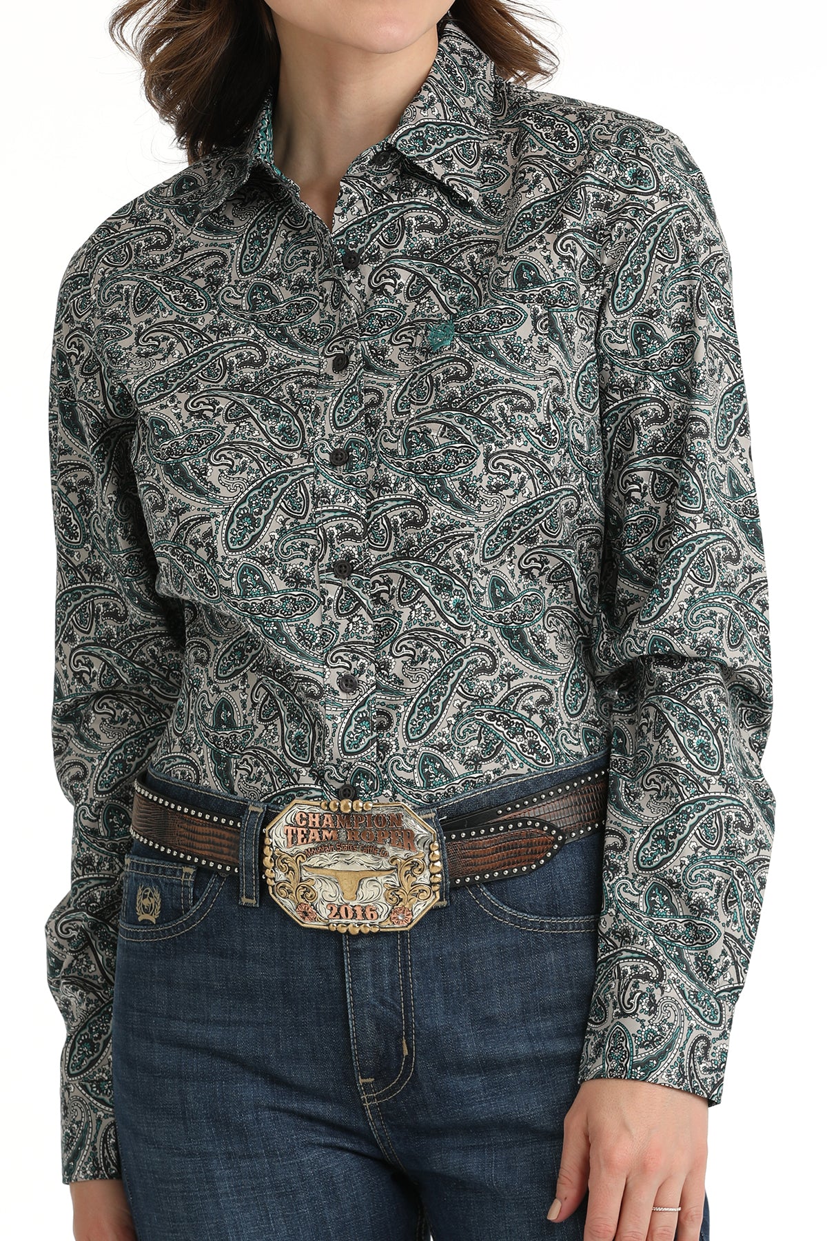 Cinch Women's L/S Grey & Teal Paisley Western Button Down Shirt