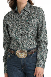 Cinch Women's Grey & Teal Paisley Western Button Down Shirt