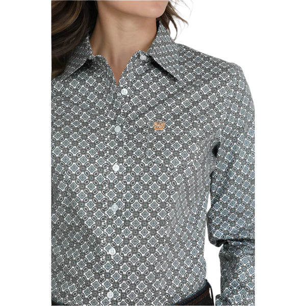 Cinch Women's L/S Medallion Print Western Button Down Shirt in White