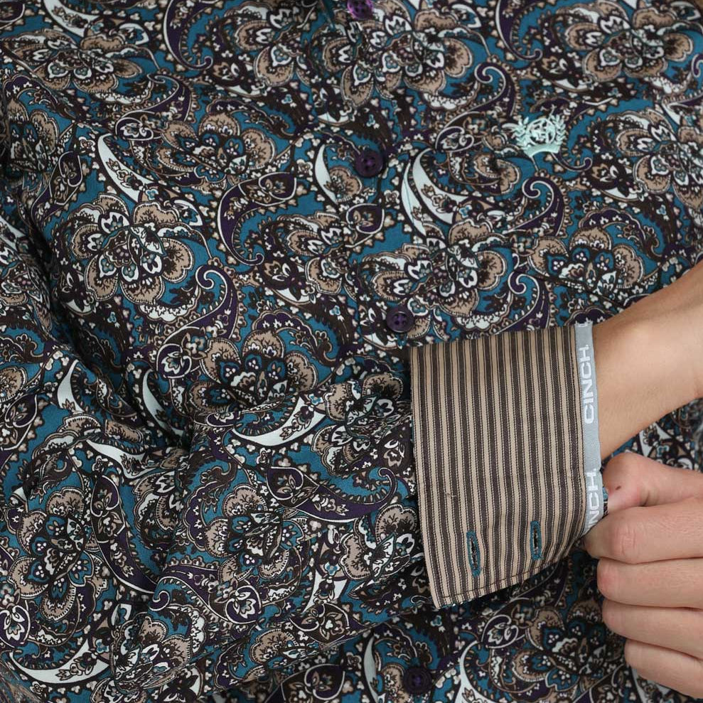 Cinch Women's L/S Paisley Western Button Down Shirt in Purple and Teal