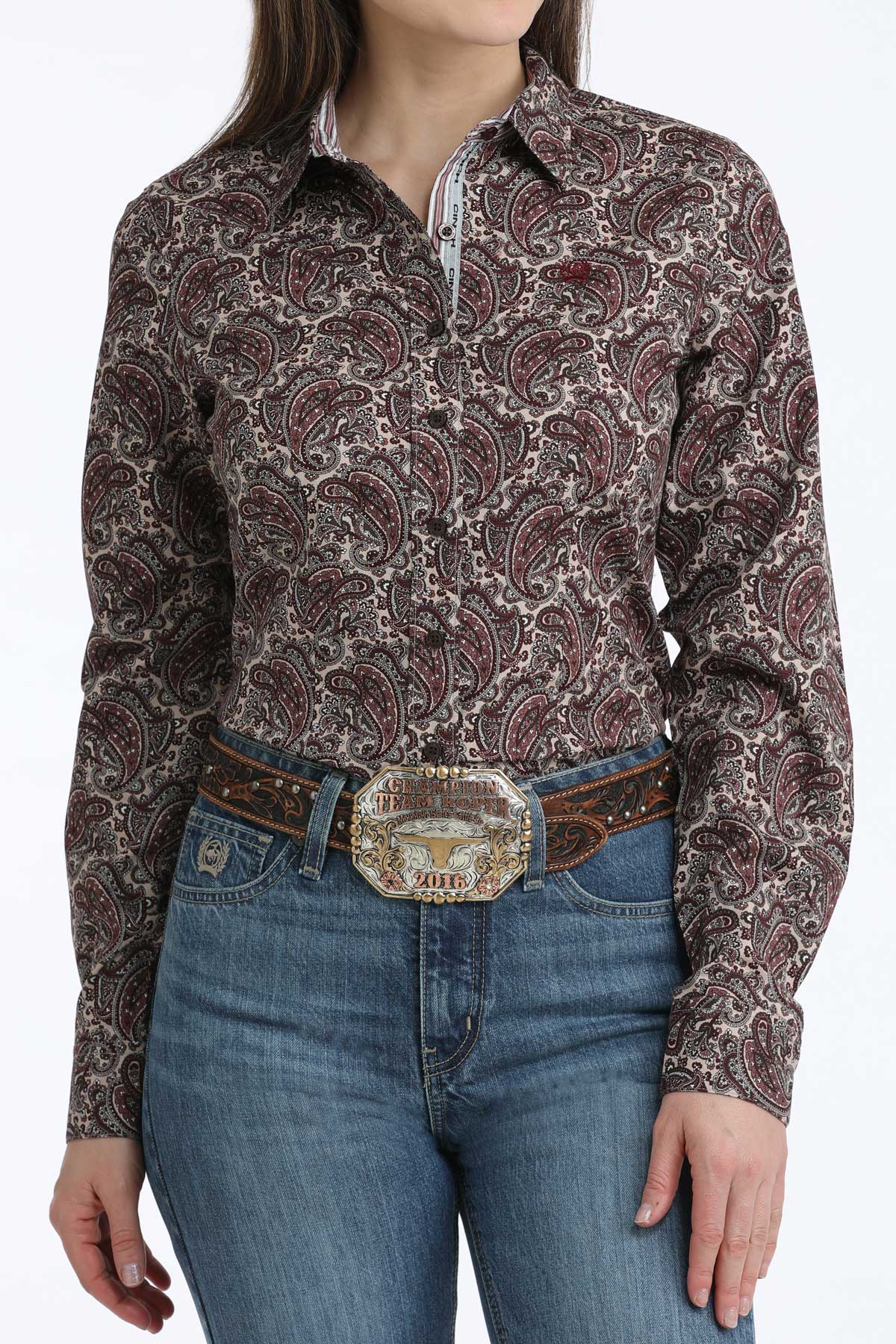 Cinch Women's L/S Paisley Western Button Down Shirt in Burgundy