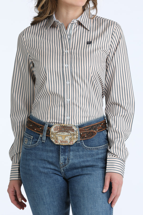 Cinch Women's L/S Stripe Western Button Down Shirt in Black/Tan Multi