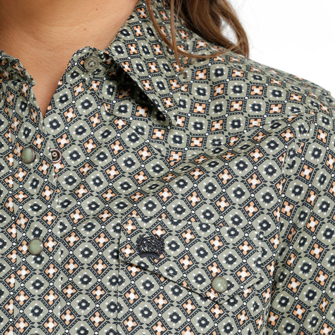 Cinch Women's Olive Geometric Print Western Snap Shirt