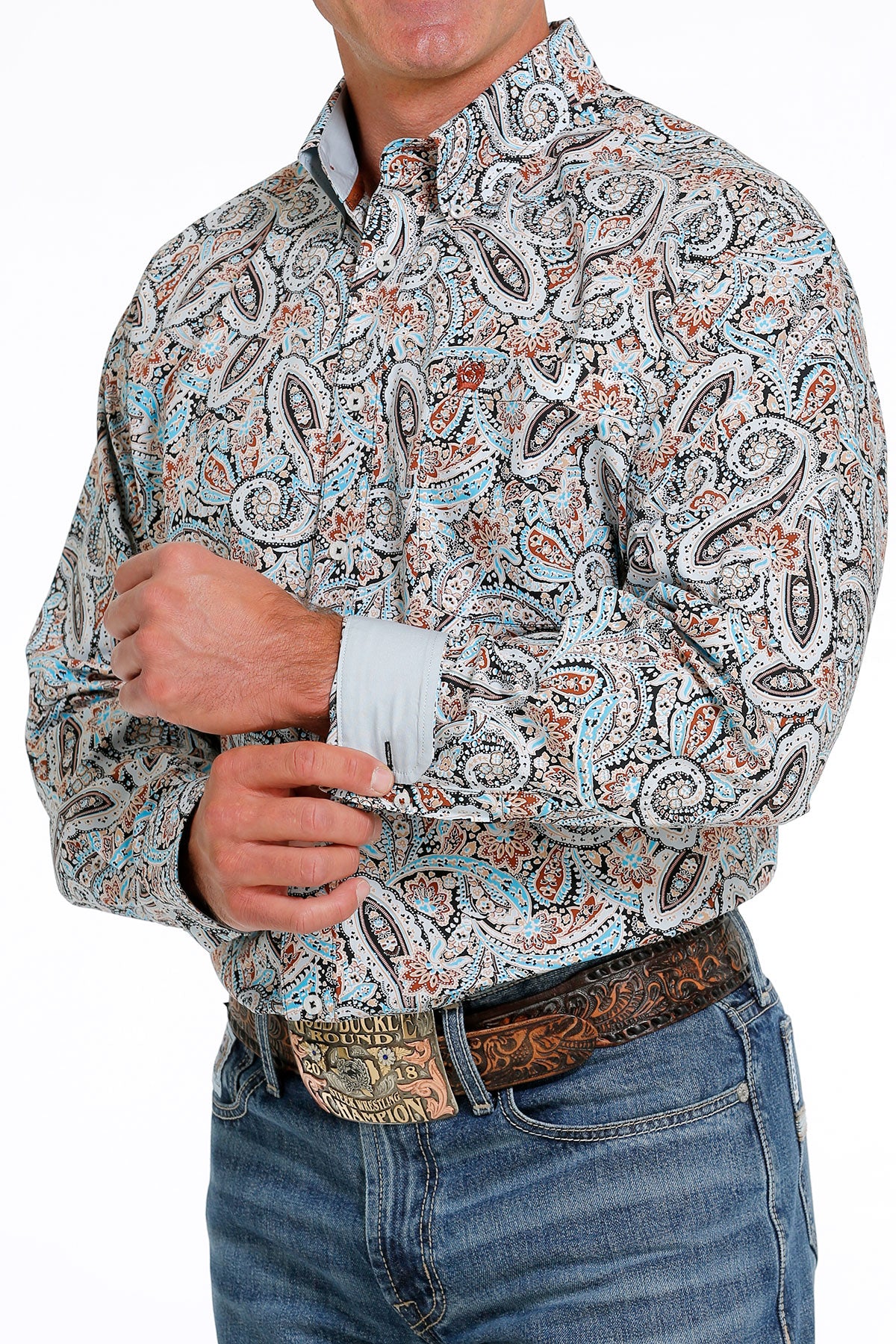 Cinch Men's Classic Fit Blue and Rust Paisley Western Shirt
