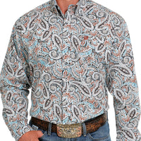 Cinch Men's Classic Fit Blue and Rust Paisley Western Shirt